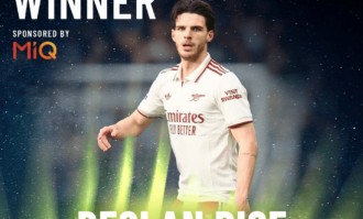 阿森纳赖斯荣获英超最佳球员，阿尔特塔获最佳主帅称号。